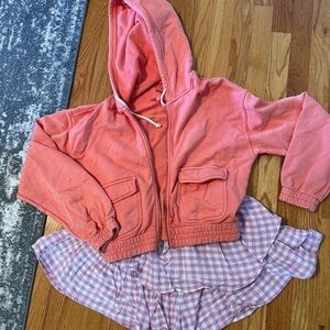 Aerie Coral Pink Knit zip up size small paired with the cutest ruffle skirt